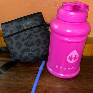 Hot pink hydro jug with leopard print sleeve and straw